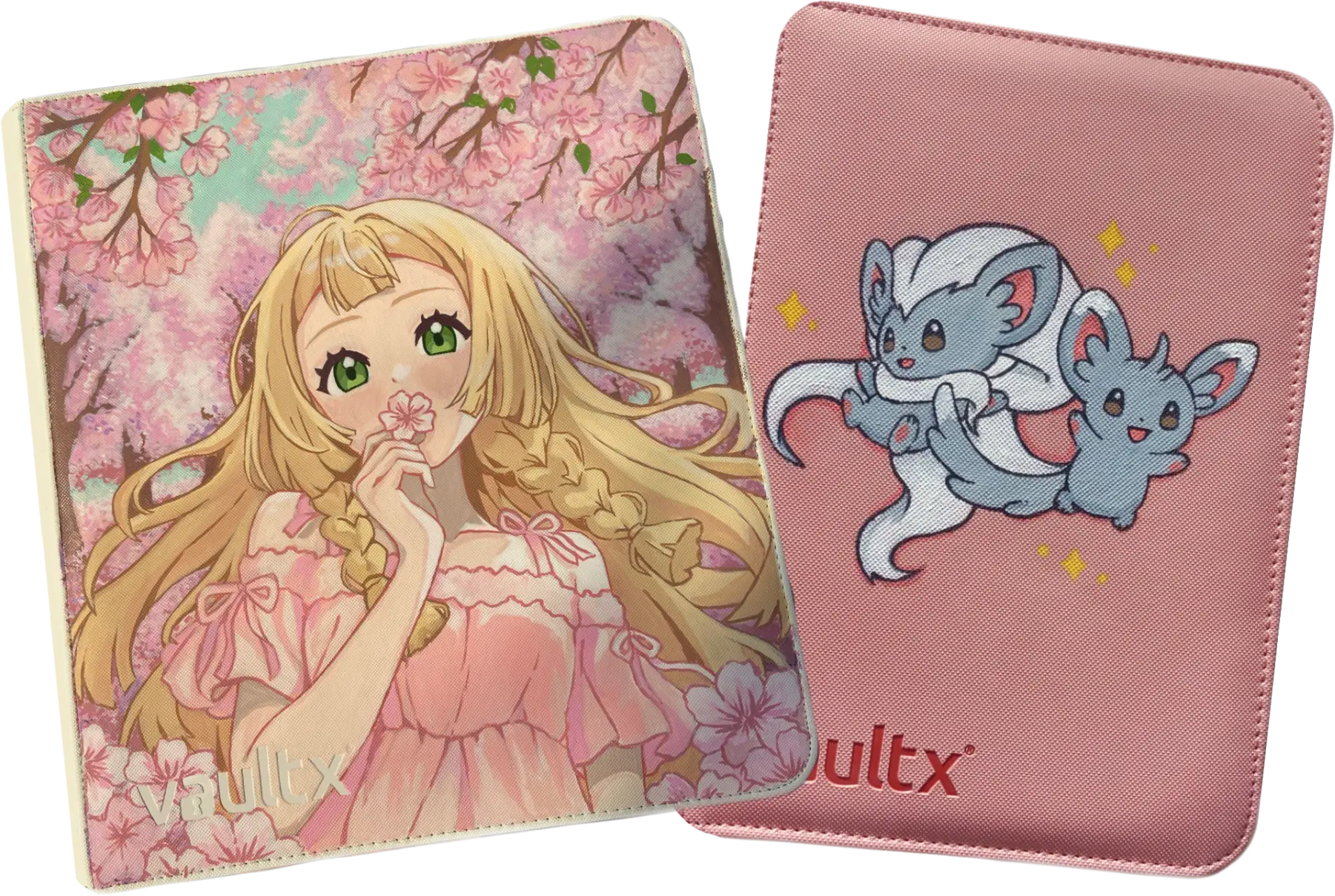 Two hand-painted Vault X Pokémon binders by Tasccino