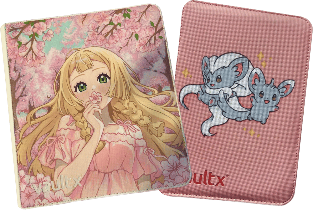Two hand-painted Vault X Pokémon binders by Tasccino
